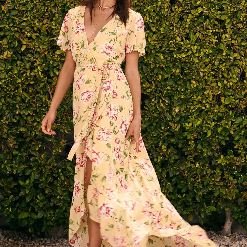 Yellow Floral Print Wrap Maxi Dress